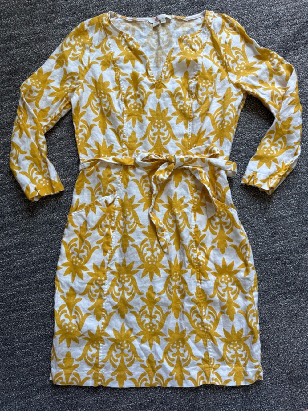 Boden Kelsey White & Yellow 3/4 Sleeve Tie-Waist Dress 100% Linen Tropical Vacay